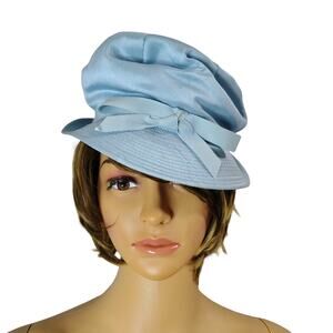 1950s Pale Blue Bucket Cloche Hat Scrunched Bow Detail with Brim USA Union Made